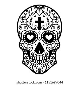 Illustration of mexican sugar skull. Day of the dead. Dia de los muertos. Design element for logo, label, emblem, sign, poster, t shirt. Vector illustration