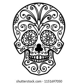 Illustration of mexican sugar skull. Day of the dead. Dia de los muertos. Design element for logo, label, emblem, sign, poster, t shirt. Vector illustration