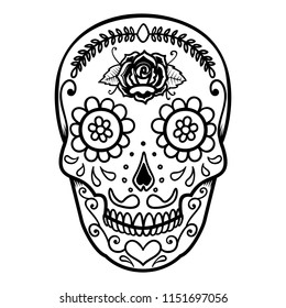 Illustration of mexican sugar skull. Day of the dead. Dia de los muertos. Design element for logo, label, emblem, sign, poster, t shirt. Vector illustration