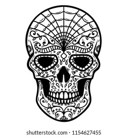 Illustration of mexican sugar skull. Day of the dead. Dia de los muertos. Design element for logo, label, emblem, sign, poster, t shirt. Vector illustration