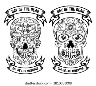 Illustration of mexican sugar skull. Day of the dead. Design element for logo, emblem, sign, poster, card, banner. Vector illustration