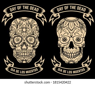 Illustration of mexican sugar skull. Day of the dead. Design element for logo, emblem, sign, poster, card, banner. Vector illustration