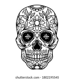 Illustration of mexican sugar skull. Design element for logo, emblem, sign, poster, card, banner. Vector illustration