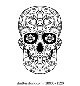 Illustration of mexican sugar skull. Design element for logo, emblem, sign, poster, card, banner. Vector illustration