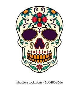 Illustration of mexican sugar skull. Design element for logo, emblem, sign, poster, card, banner. Vector illustration