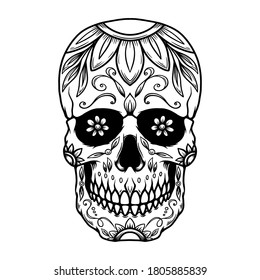 Illustration of mexican sugar skull. Design element for logo, emblem, sign, poster, card, banner. Vector illustration