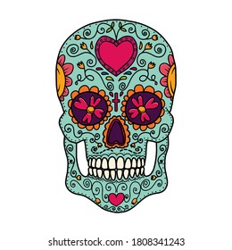 Illustration of mexican sugar skull. Design element for logo, emblem, sign, poster, card, banner. Vector illustration