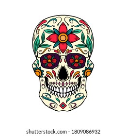 Illustration of mexican sugar skull. Design element for logo, emblem, sign, poster, card, banner. Vector illustration