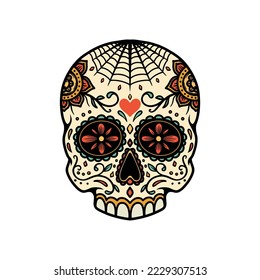 Illustration of mexican sugar skull. Design element for emblem, sign, poster, package design. Vector illustration