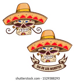 Illustration of mexican sugar skull in sombrero isolated on white background. Design element for logo, label, badge, sign. Vector illustration