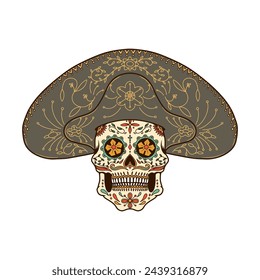 Illustration of mexican sugar skull in traditional sombrero. Day of the dead. Dia de los muertos. Vector illustration