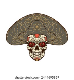 Illustration of mexican sugar skull in traditional sombrero. Day of the dead. Dia de los muertos. Vector illustration