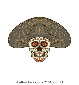 Illustration of mexican sugar skull in traditional sombrero. Day of the dead. Dia de los muertos. Vector illustration