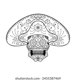 Illustration of mexican sugar skull in traditional sombrero. Day of the dead. Dia de los muertos. Vector illustration