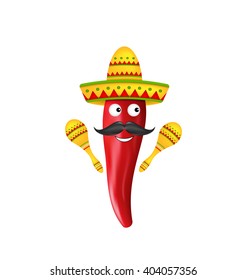 Illustration Mexican Symbols, Red Chili Pepper, Sombrero Hat, Musical Maracas, Mustache. Abstract Character. Colorful Objects Isolated on White background - Vector