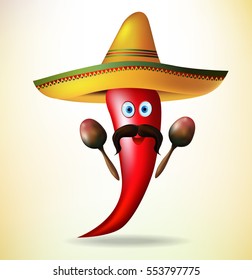 Illustration Mexican Symbols, Red Chili Pepper, Sombrero Hat, Musical Maracas, Mustache. Vector