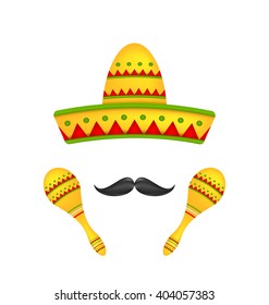 Illustration Mexican Symbols Sombrero Hat, Musical Maracas, Mustache. Colorful Objects Isolated on White background - Vector