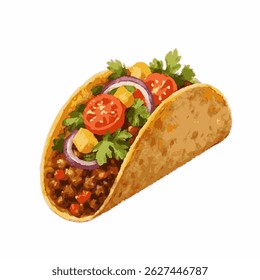 Illustration of a Mexican taco with ground beef, tomatoes, onions, and cilantro in a tortilla. Watercolor style, isolated on white background, ideal for menu and food related designs