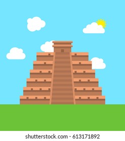 Illustration Mexico Chichen Itza Tulum Kukulcan Pyramid. Flat Style - Vector
