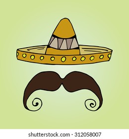 Illustration of Mexico. Hat sombrero. Men's mustache.