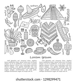 Illustration with Mexico related hand drawn icons including maracas, poncho, food, cactuses and others. Doodle vector Mexico related collection
