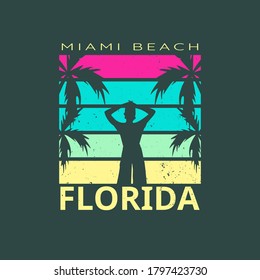Illustration of miami beach paradise florida for surf. Isolated on dark green background.