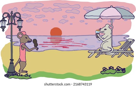 Illustration of mice eating ice cream. Beach, sunset, chaise longue and umbrella, lamppost, eps ready for use. For your design