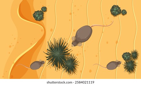 Illustration of mice exploring desert plants and terrain