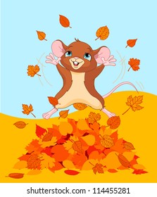 Illustration of a mice jumping in a pile of leaves