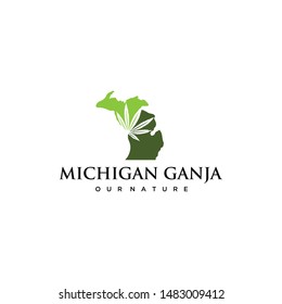 Illustration of Michigan map with nature cannabis leaves inside logo design