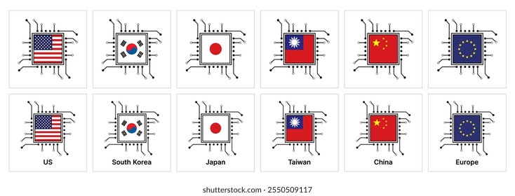 Ilustração de microchips com bandeiras nacionais. ícones do mercado global de semicondutores. cadeias de fornecimento de tecnologia, fabricação internacional de chips ou influência geopolítica na eletrônica.