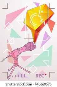 Illustration of the microphone  with 3d speech elements, simple art for web and print design appealing for abstract and sound  theme.