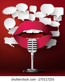 illustration of microphone and  mouth on stage curtain.paper art style.