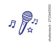 Illustration of a microphone, musical notes, and star against a white background