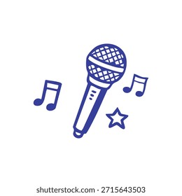 Ilustración de un micrófono, notas musicales y estrella sobre un fondo blanco