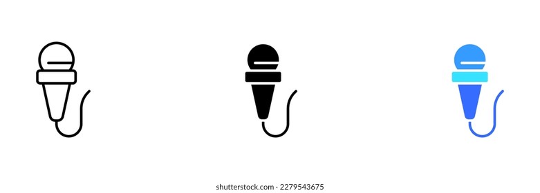 An illustration of a microphone, representing broadcasting, communication, or public speaking. Vector set of icons in line, black and colorful styles isolated.