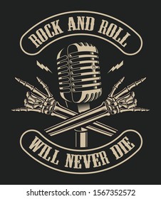 Illustration of a microphone with skeleton arms crossed in vintage style on a dark background. Ideally for the design of t-shirts and  many other