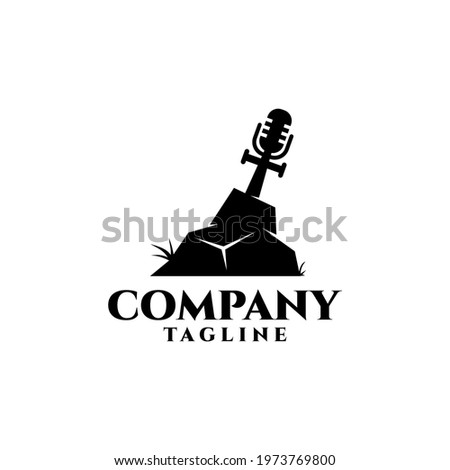 illustration of a microphone used as a sword handle that is stuck in a rock. knight podcast logo.