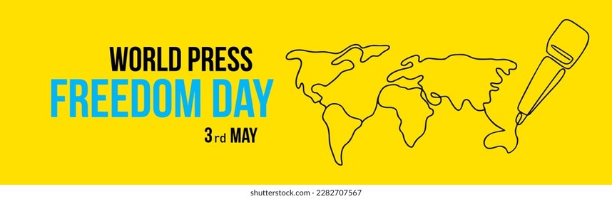 Illustration of microphone and world map for World Press Freedom Day in line art style on yellow background