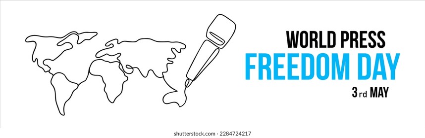 Illustration of microphone and world map for World Press Freedom Day in line art style on white