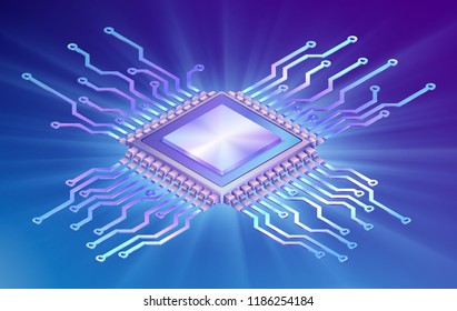 Illustration of microprocessor, isometric circuit board on colorful background with light. EPS 10 contains transparency.