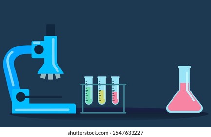 Illustration of a microscope, test tubes with colorful liquids, and a flask on a dark background. Ideal for concepts of science, research, and laboratories.