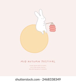 Illustration of mid-autumn festival with moon and rabbit holding a lantern.