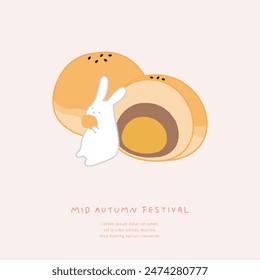 Illustration of mid-autumn festival with rabbit and egg yolk pastries.