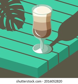Illustration in MIDCENTURY RETRO ART style, coffee latte in a transparent glass on a green table