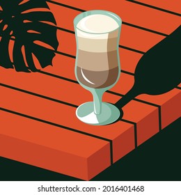 Illustration in MIDCENTURY RETRO ART style, coffee latte in a transparent glass on a orange table