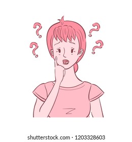 Illustration of middle aged confused woman with questions around her head.She experienced difficulty concentrating