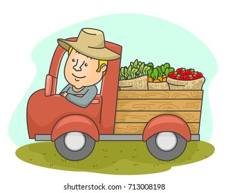 Illustration Of A Middle Aged Farmer Driving A Truck Filled With Fresh Produce