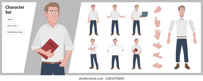 Illustration of middle aged man, wearing business casual clothing in a set of multiple poses. Easy to edit with editable line strokes and isolated on white background. Suitable for animation.