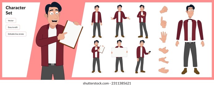 Illustration of middle aged man, wearing business casual clothing in a set of multiple poses. Easy to edit with editable line strokes and isolated on white background. Suitable for animation.